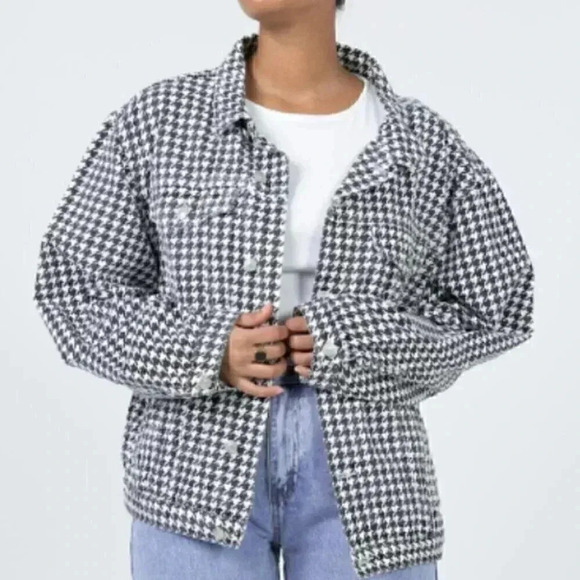 NWT Princess Polly Michael Jacket Oversized Houndstooth Denim Jacket - Picture 1 of 9